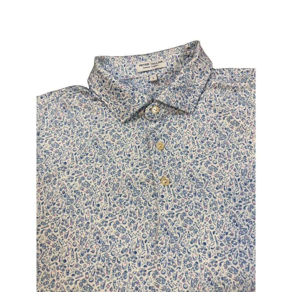 Peter Millar Summer Comfort Polo Shirt Mens Large Blue White Golf Print